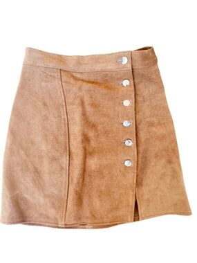 Understated Leather Suede Snap Front Mini Skirt Tan Camel XS